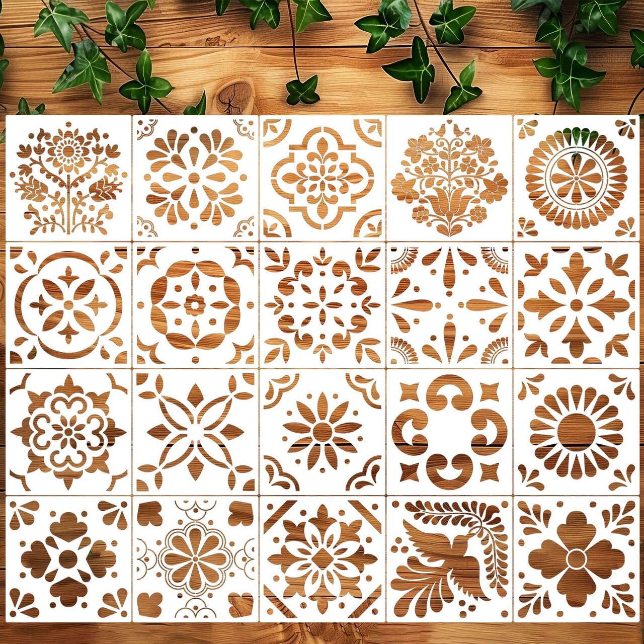 20PCS Talavera Tile Stencils Set – 8 Inch Reusable Floral Mexican Folk Pattern Templates for Painting on Wall, Floor, Wood Furniture, Fabric & DIY Home Decor